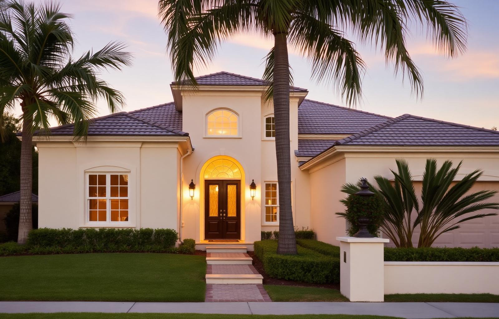 Calm Southwest Florida home at golden hour with palms