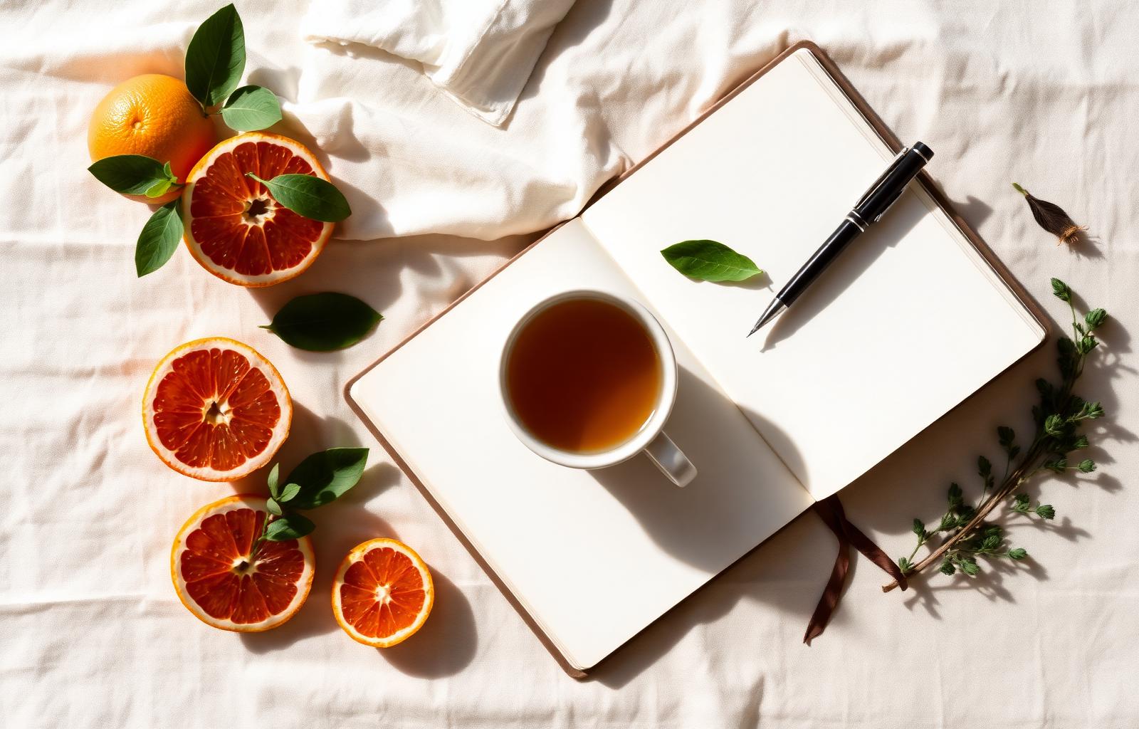 Tea, citrus, and a journal in soft natural light