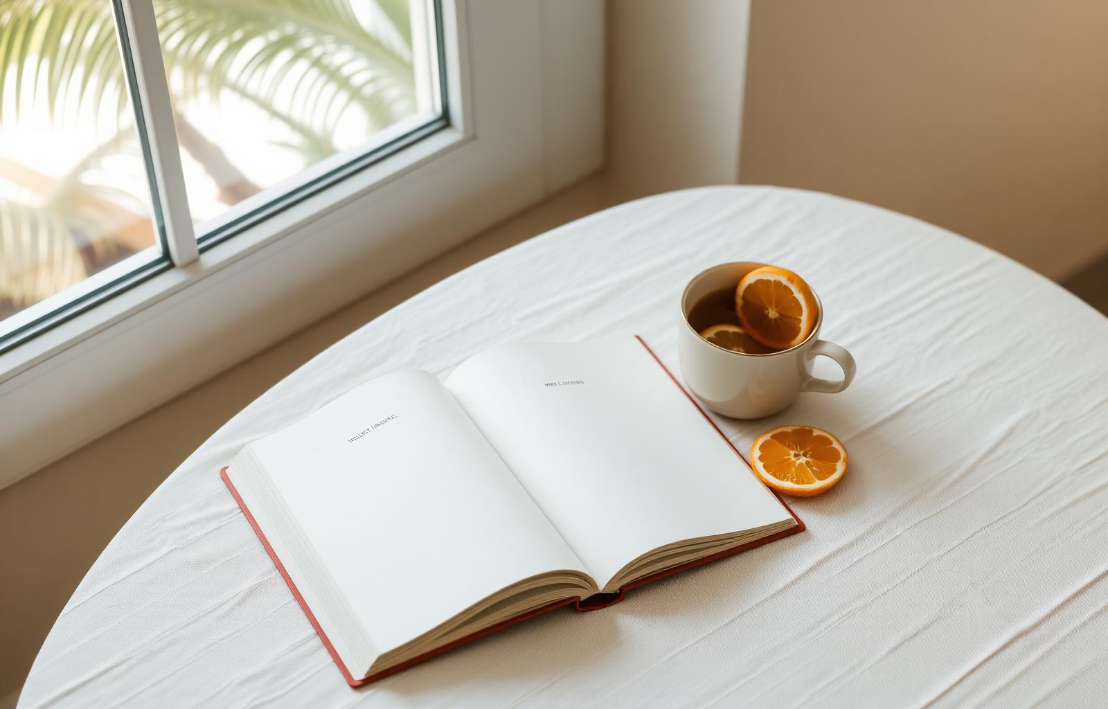 Wellness journal, herbal tea, and citrus in soft morning light